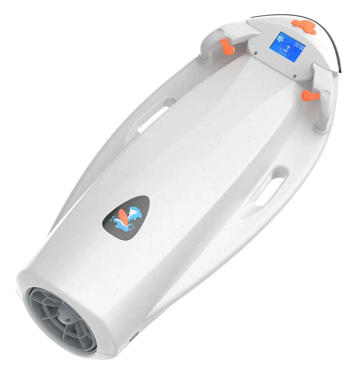 Beyaz V2 elektrikli jet bodyboard, arka çapraz görünüm; pervane koruma kafesi ve yan tutamaklar