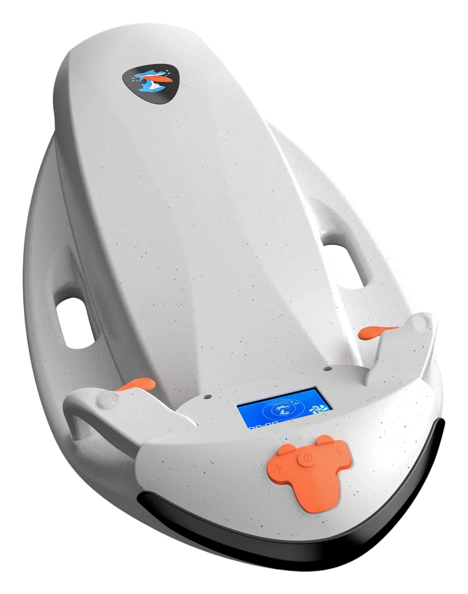 Beyaz V2 elektrikli jet bodyboard, ön çapraz görünüm; turuncu tetikli tutma kolları ve mavi LCD ekran