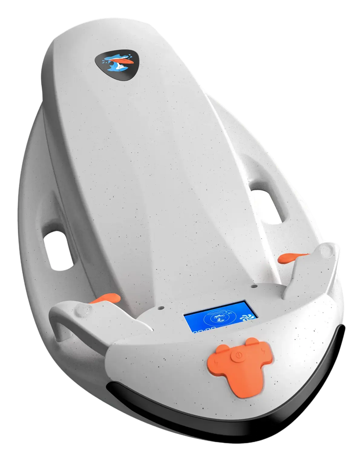 Beyaz V2 elektrikli jet bodyboard, ön çapraz görünüm; turuncu tetikli tutma kolları ve mavi LCD ekran