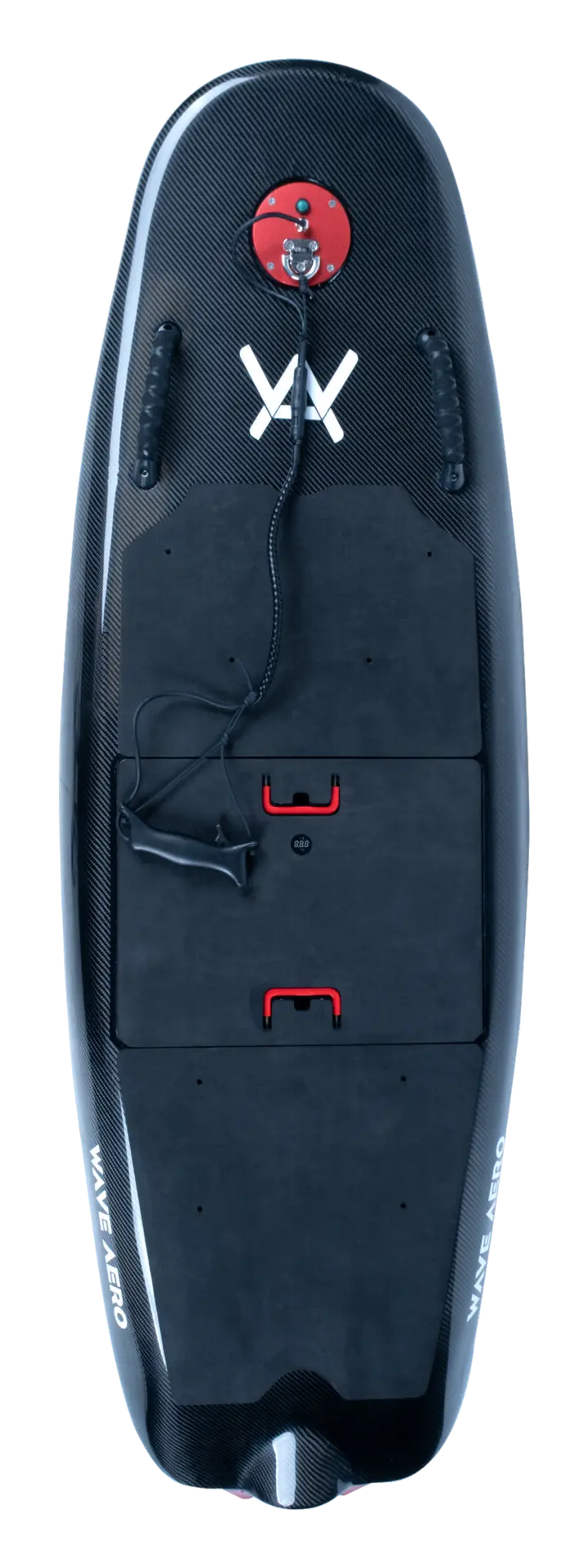 Wave Aero Carbon V1 karbon elektrikli jetboard, üstten görünüm; burundaki kırmızı kapak, ayak tutamakları ve batarya bölmesi